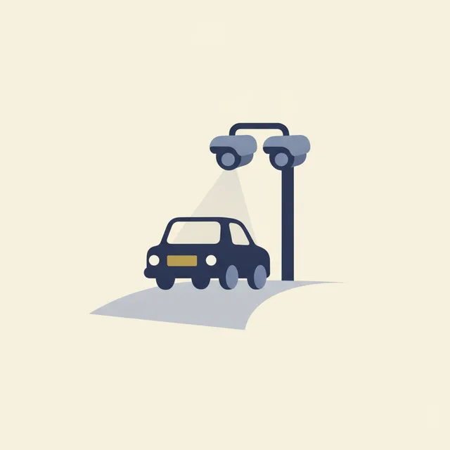 Engraved illustration: two license-plate reader cameras on a roadside pole, a viewing cone reading the rear plate of a passing car
