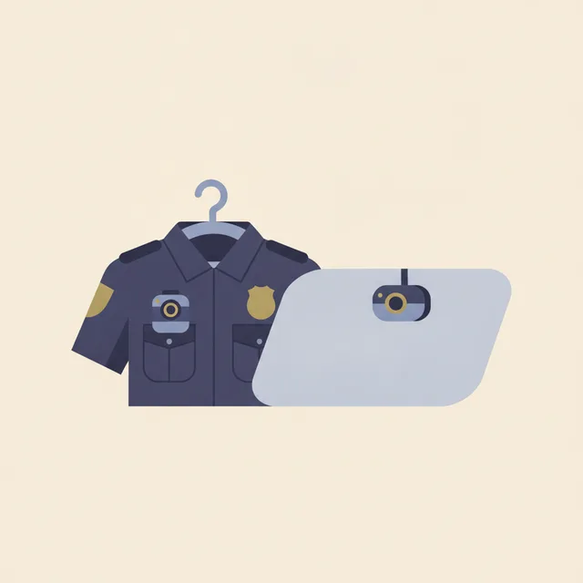 Engraved illustration: a body camera clipped to a hanging police uniform shirt beside a dashboard camera mounted on a windshield