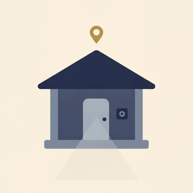 Engraved illustration: a house porch with a doorbell camera watching the walkway, a map pin floating above the roof