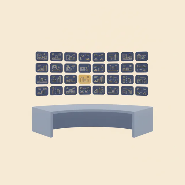 Engraved illustration: an empty real-time crime center — a curved operator desk facing a wall of small monitors showing street scenes