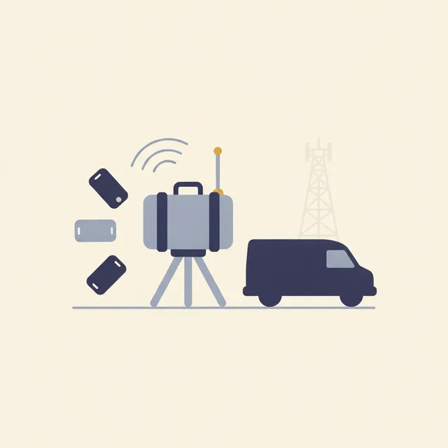 Engraved illustration: a portable antenna device on a tripod beside an unmarked van, drawing signals from nearby phones away from a distant cell tower