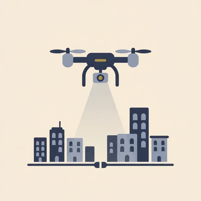 Engraved illustration: a quadcopter drone with a camera gimbal hovering over a city block, a viewing cone toward the street