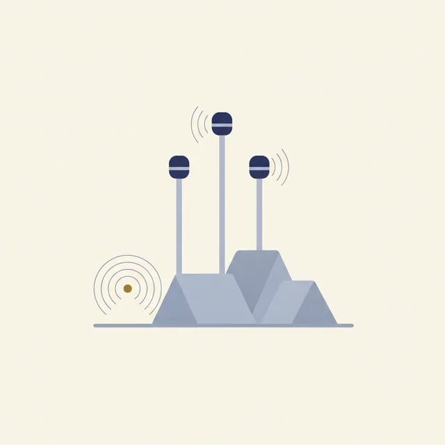 Engraved illustration: acoustic sensors on utility poles above rooftops, sound-wave circles rising from a street and converging