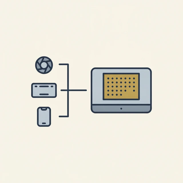 Engraved illustration: a camera lens, a phone, and a license plate each feeding a thin line into a single shared monitor screen
